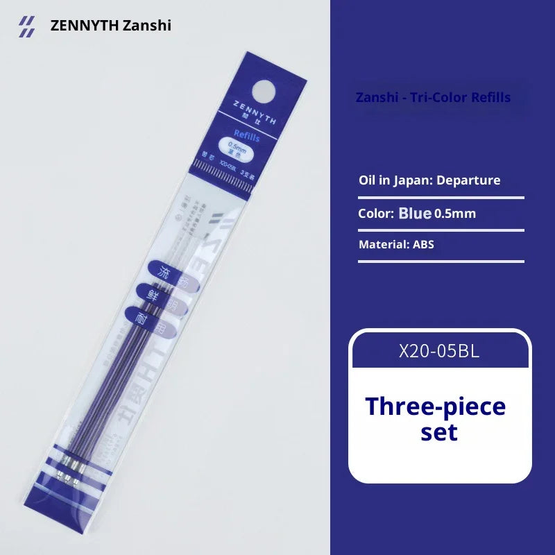 A package of Zennyth Zanshi Tri-Color Refills for oil pens, showing blue 0.5mm refills and an ABS material.