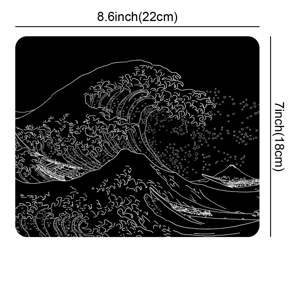 Black line art illustration of a large ocean wave crashing over a mountain.