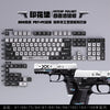 A display of a complete keycap set for a firearm, featuring various R4 to R1 layouts and a full pistol model.
