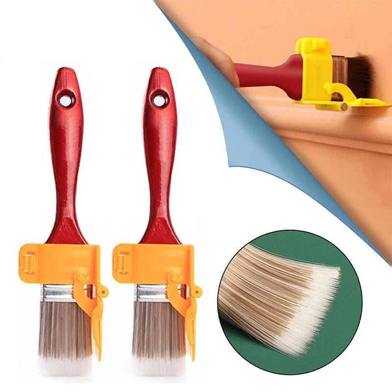A pair of precision corner paint brushes with red handles and yellow bases, shown next to a brush head detail.