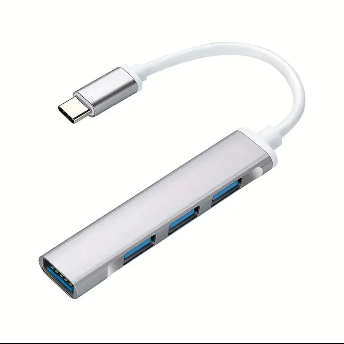A white 4-port USB 2.0 hub with an OTG adapter and a flexible cable.