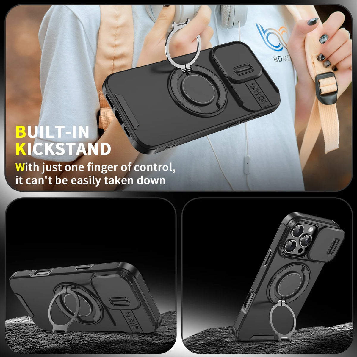 A black heavy-duty magnetic ring stand attached to a smartphone, demonstrating its built-in kickstand feature.