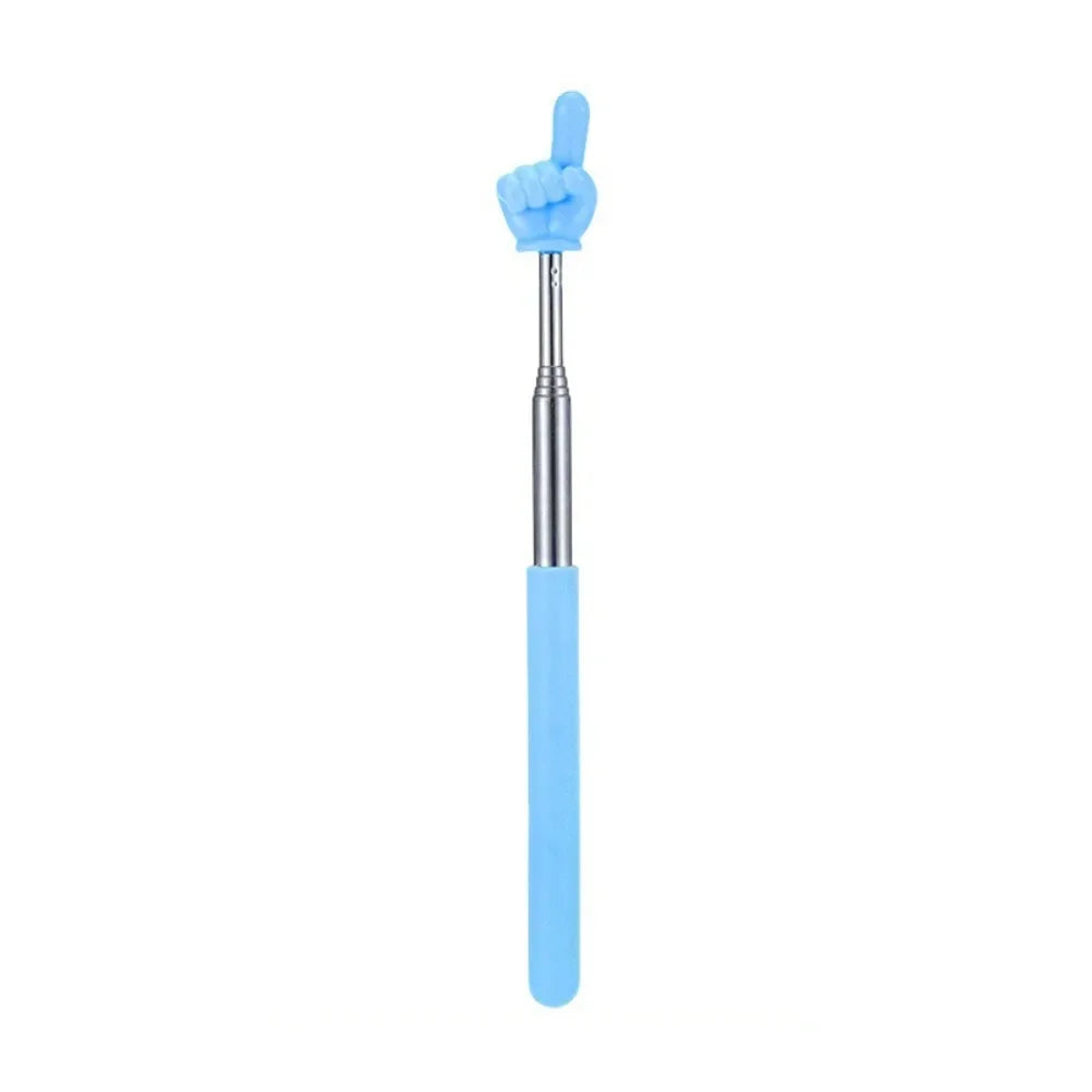A blue telescopic stainless steel teaching pointer with a fist shape.