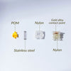 Components of a hot-swap keyboard switch including POM, Nylon, stainless steel, and gold alloy contact points