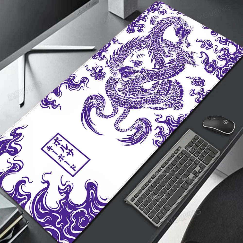 A purple and white Japan-style gaming desk mat featuring a detailed dragon design on a dark surface.