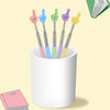 A set of five colorful telescopic stainless steel teaching pointers are displayed in a white cylindrical container.