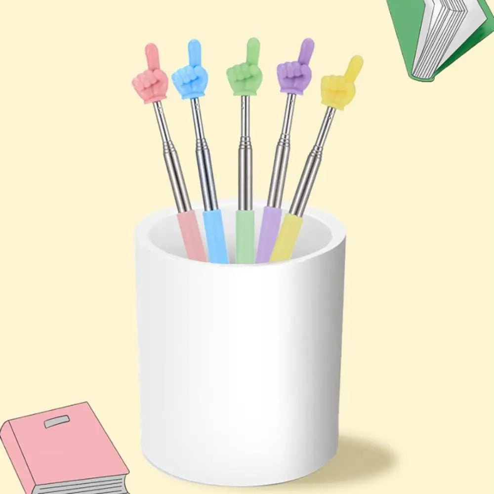A set of five colorful telescopic stainless steel teaching pointers are displayed in a white cylindrical container.