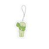 A cute green Smiski-inspired character charm attached to a keychain ring.