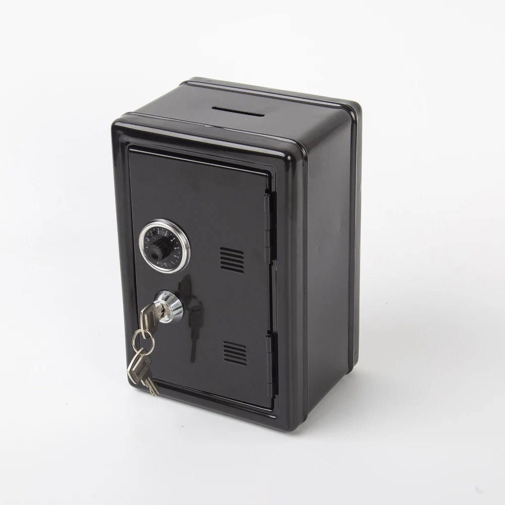 A black compact home safe box with a visible combo lock and keys.