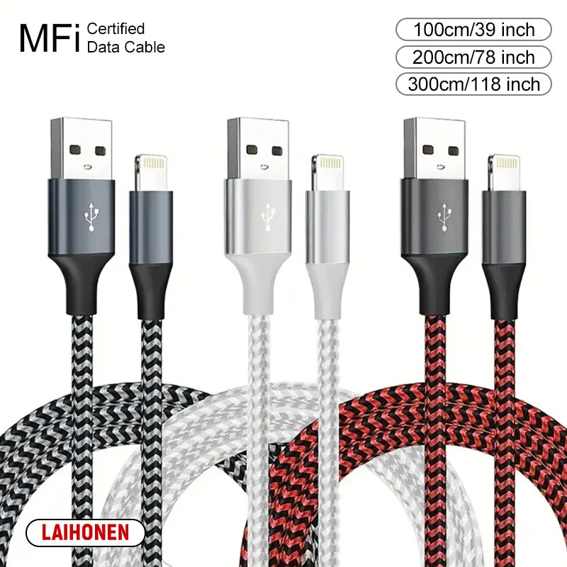 A set of MFi certified data cables featuring Lightning connectors in black, gray, and red wire colors.