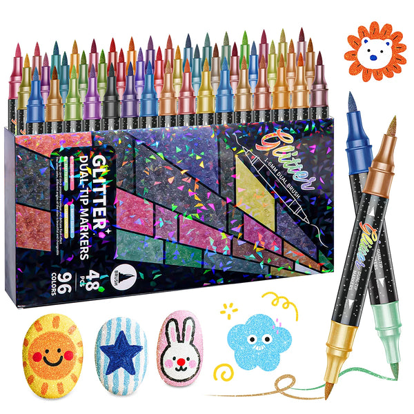 A set of 48 dual tip glitter acrylic paint markers in various colors, along with a brush and cute stickers.