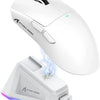 A white high-performance wireless gaming mouse and its charging base with glowing RGB lighting.