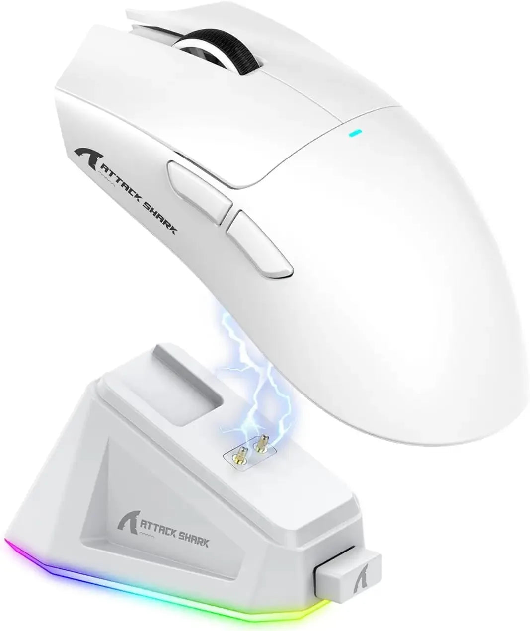 A white high-performance wireless gaming mouse and its charging base with glowing RGB lighting.