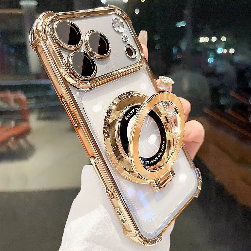 A hand holds an iPhone in a gold magnetic stand case with lens protection and kickstand.
