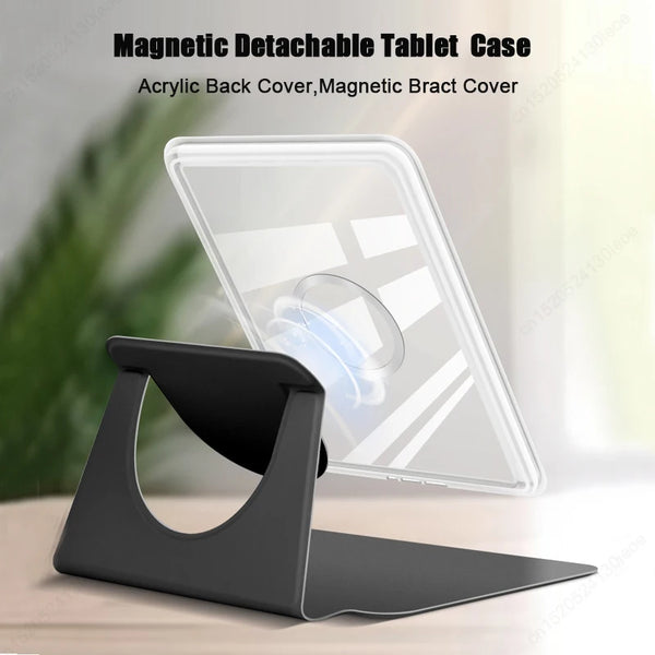 Una cubierta trasera de acrílico transparente con un soporte magnético junto a una funda para tableta.