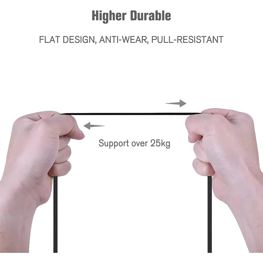 Hands holding a black flat ethernet cable demonstrating its durability and pull resistance.