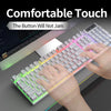 A close-up of a white mechanical keyboard with RGB lighting and a flexible keycap, demonstrating a comfortable touch feature.
