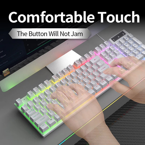 A close-up of a low profile wired gaming keyboard with a numpad, showing a hand typing on it.