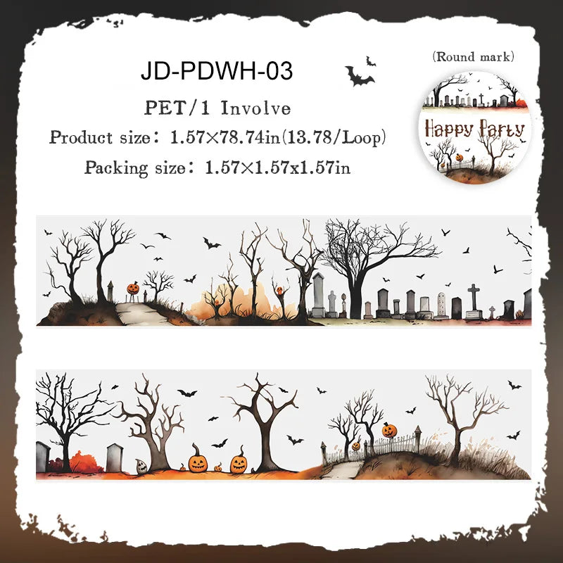 Packaging and usage examples of JD-PDWH-03 PET/1 involve vintage gothic Halloween masking tape for crafting