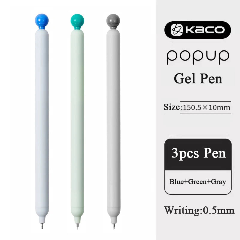 Three smooth gel pens in blue, green, and gray with a popup mechanism for writing