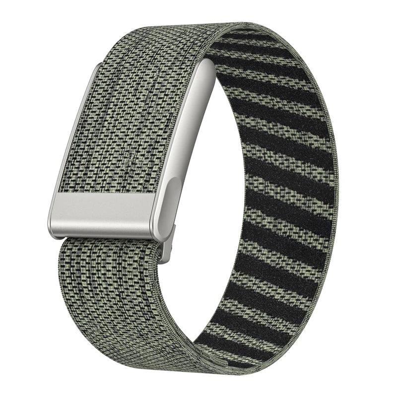 A close-up view of a gray and black braided nylon strap for a fitness watch.