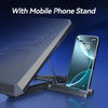 A laptop is mounted on a cooling pad with a mobile phone stand, showing the product's features.