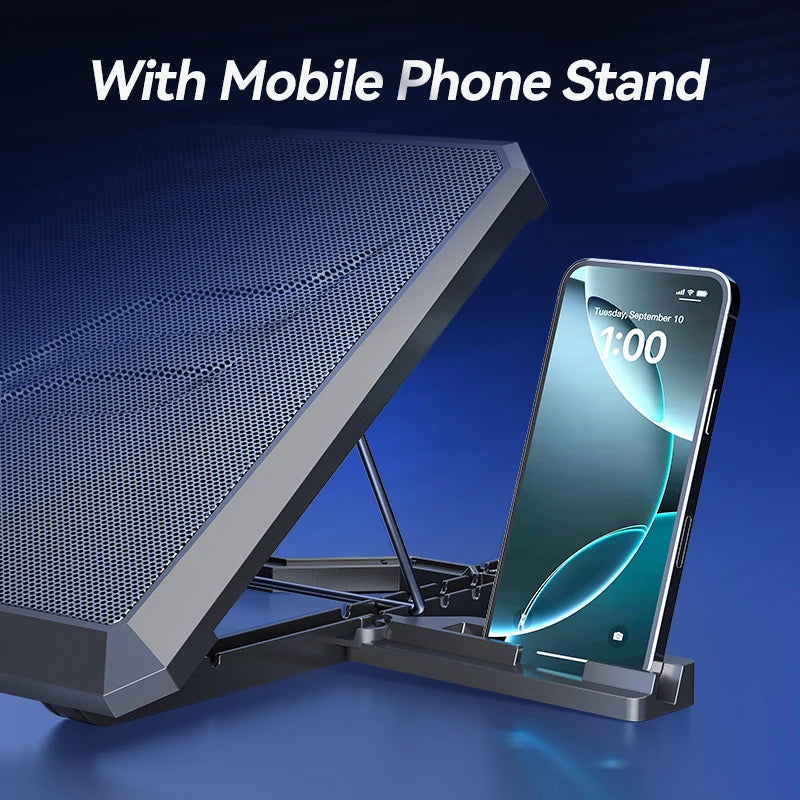 A laptop is mounted on a cooling pad with a mobile phone stand, showing the product's features.