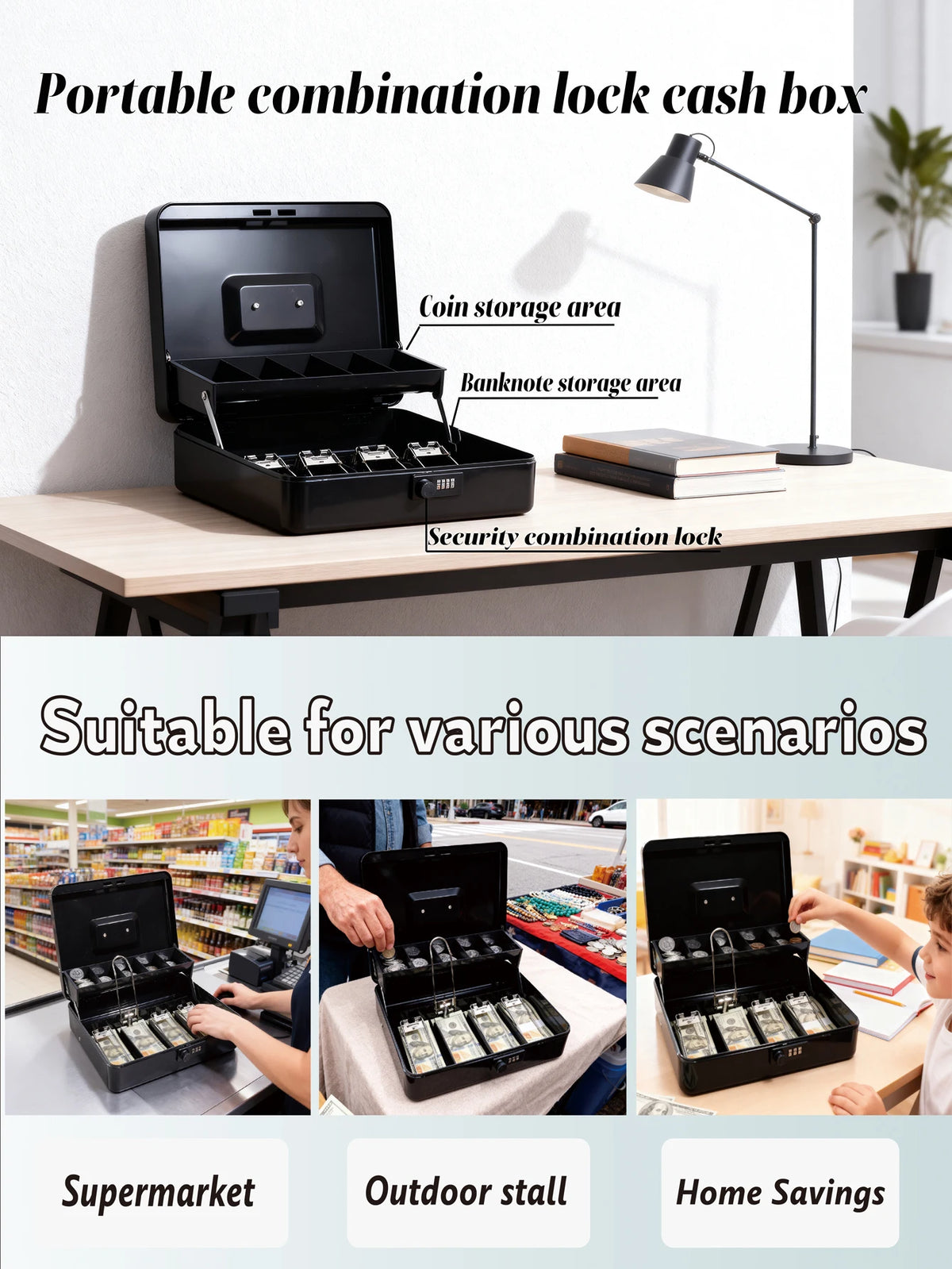 A portable combination lock cash box shown open on a table with a desk lamp, demonstrating coin and banknote storage areas.