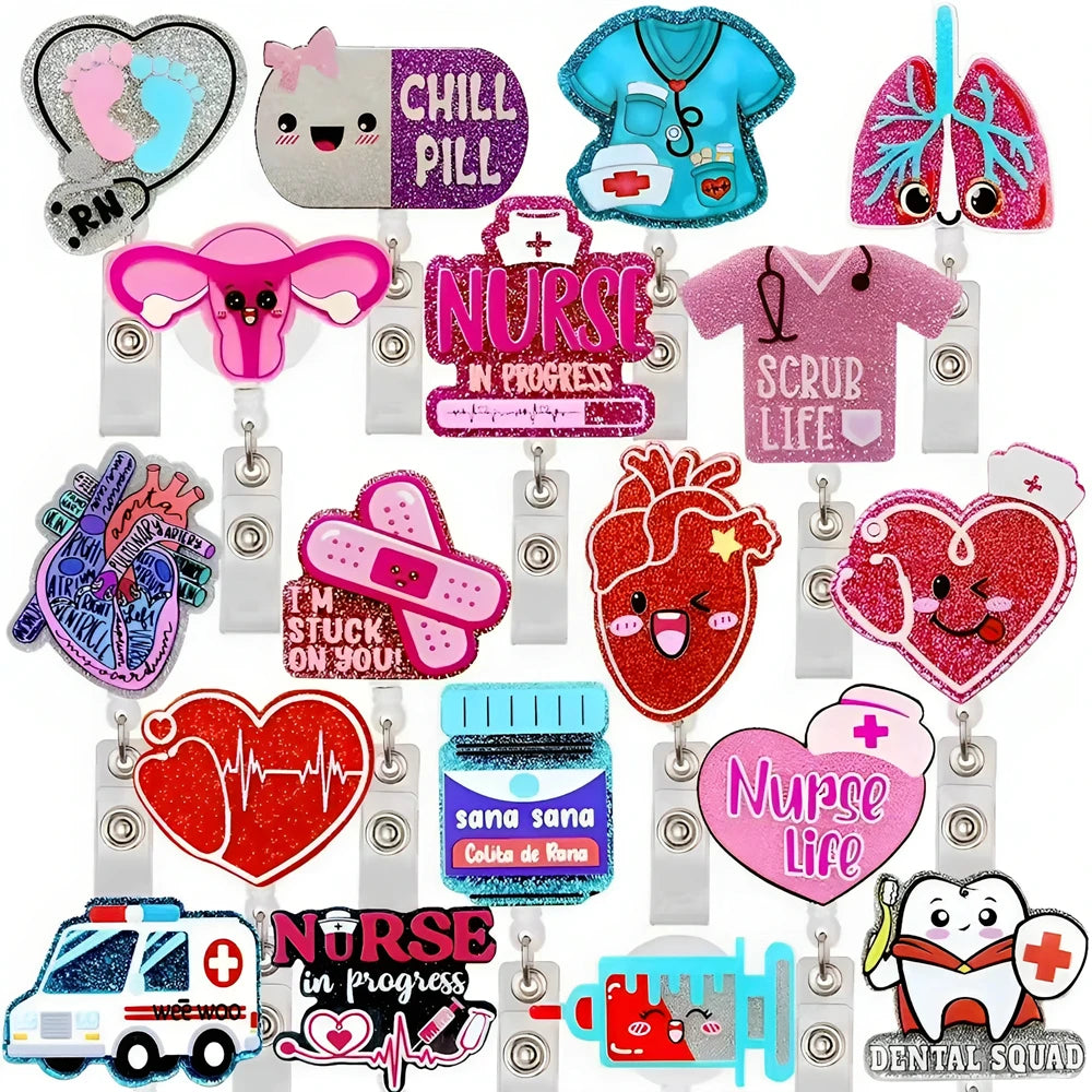 Cartoon medical badge reel holders featuring various medical professions like nurse and dentist