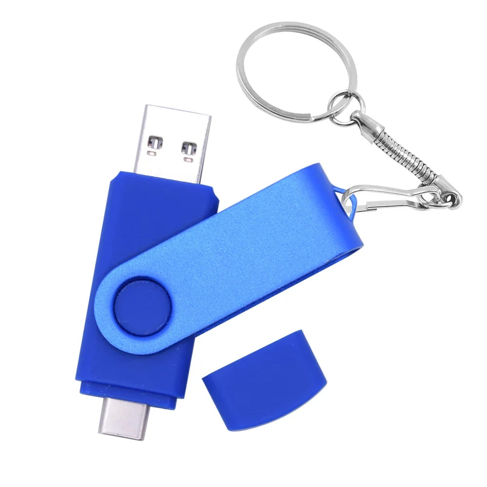 A blue flash drive with a metal keyring and dual USB and Type-C connectors.