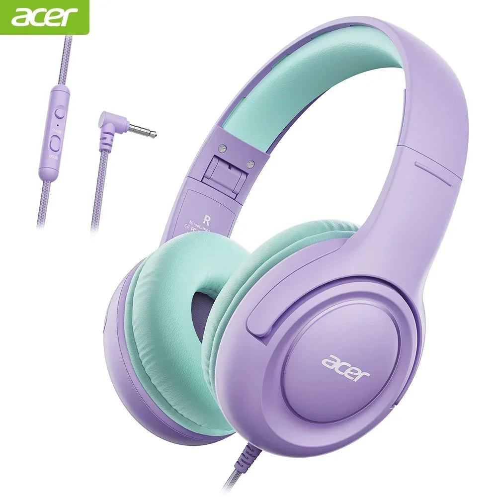 Purple wired headphones with a light green ear cup and a purple headband shown next to the connector cable.