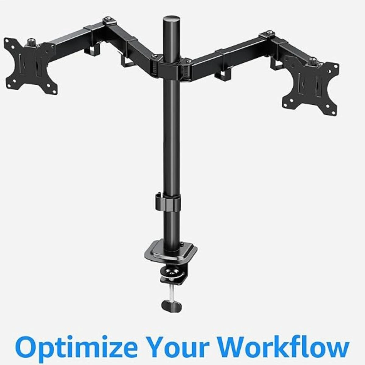 Black heavy duty dual monitor desk mount with adjustable arms and a vertical pole