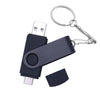 A black flash drive with a metal body and a keyring attachment.