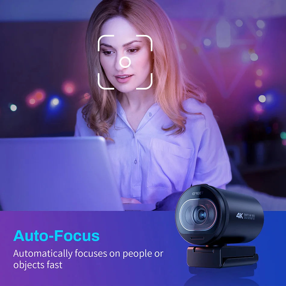 A woman is using a 4K HD streaming webcam with autofocus and dual mic on a laptop.