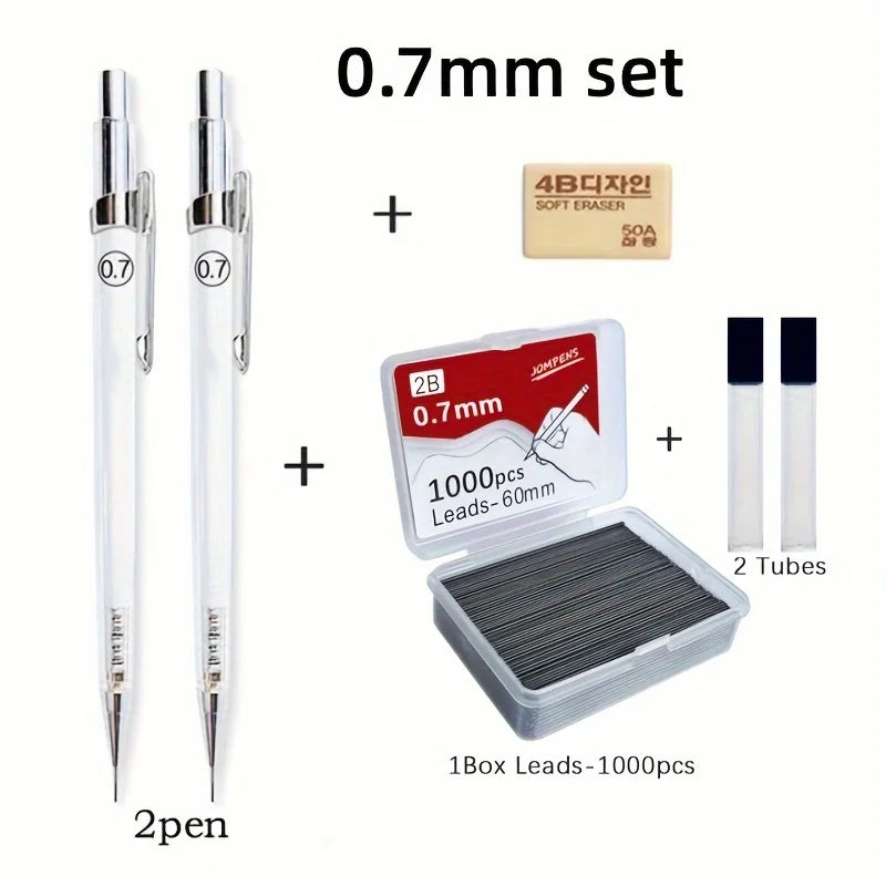 Juego de lápices mecánicos de 0.7mm, incluyendo dos bolígrafos y una caja con 1000 grafitos.