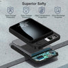 A black magnetic wireless power bank with a digital display showing 22.5W fast charging and various safety protection icons.