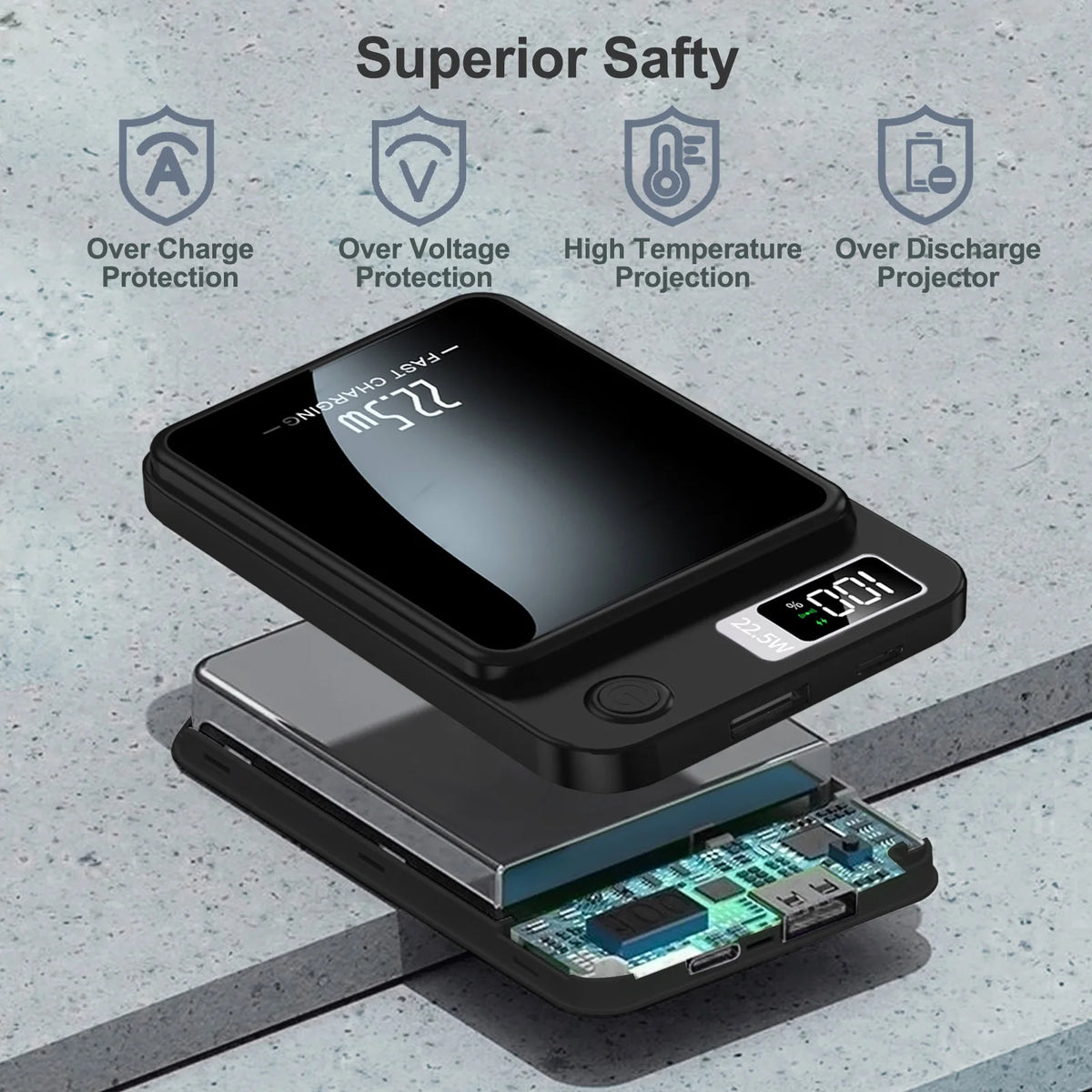A black magnetic wireless power bank with a digital display showing 22.5W fast charging and various safety protection icons.