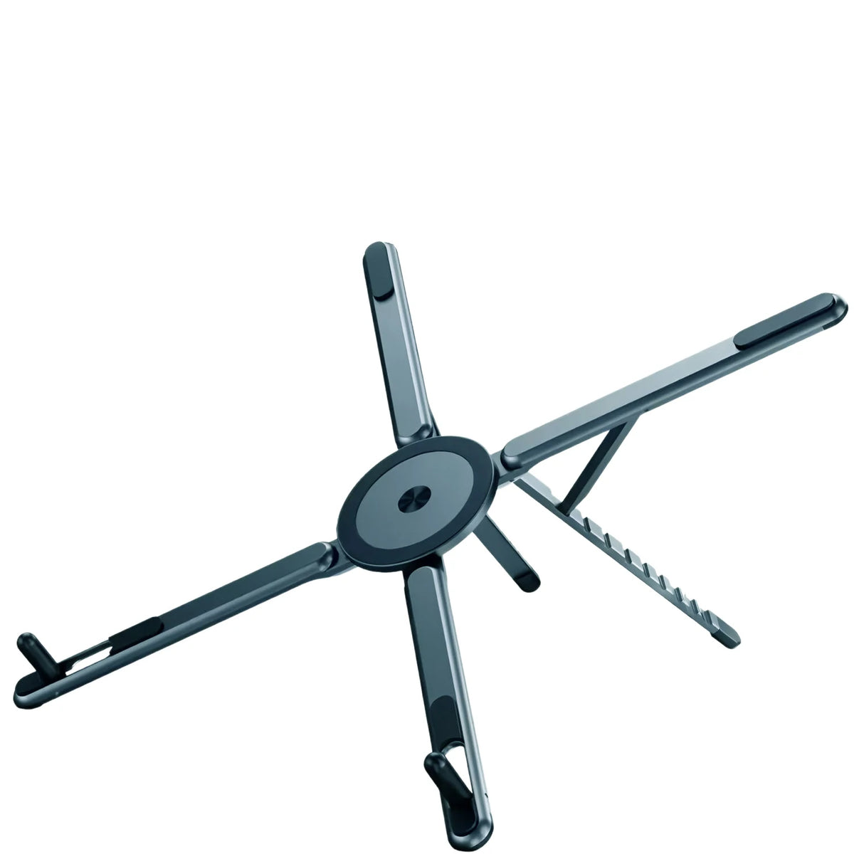A foldable magnetic laptop stand with multiple arms for supporting a device.