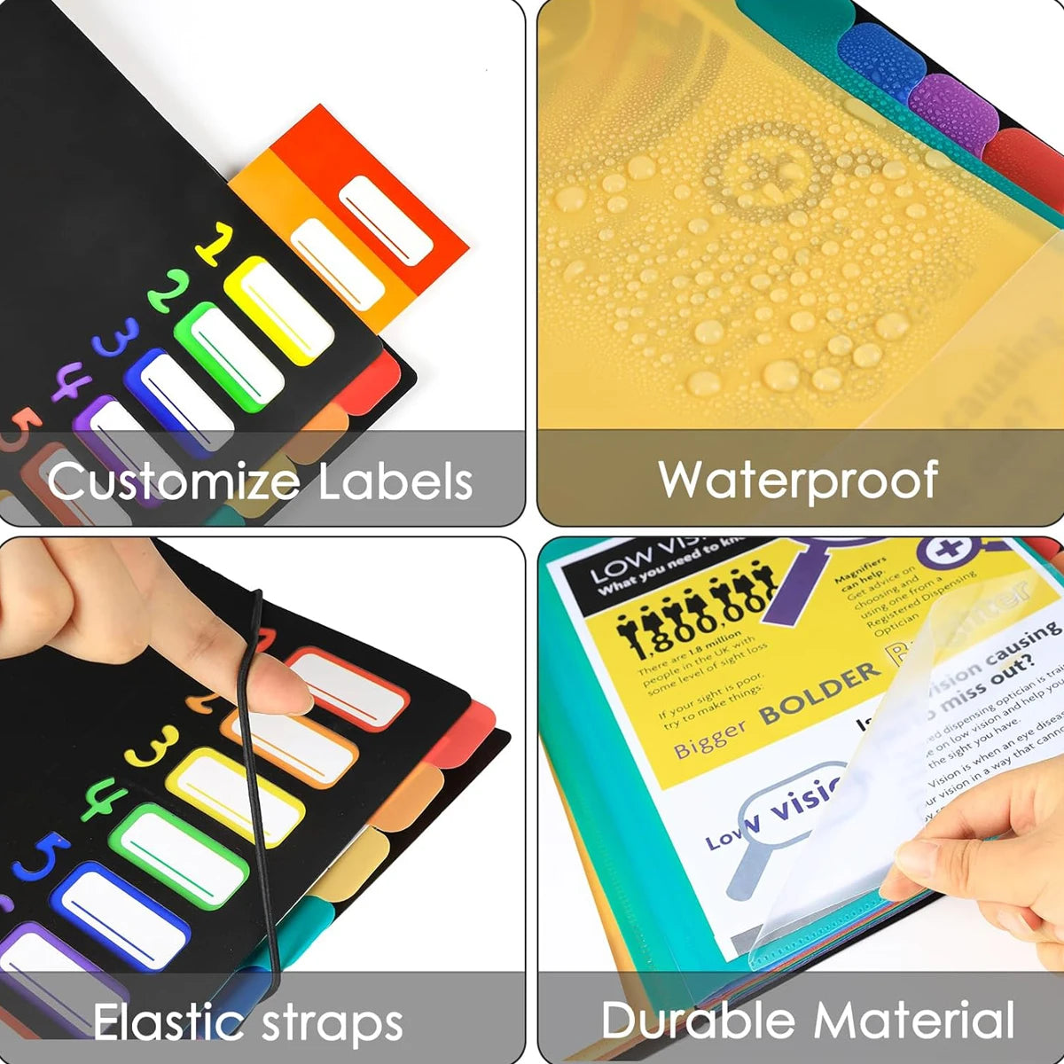 A set of A4 file folders with monthly dividers and color tabs featuring waterproof, elastic straps, and durable material.