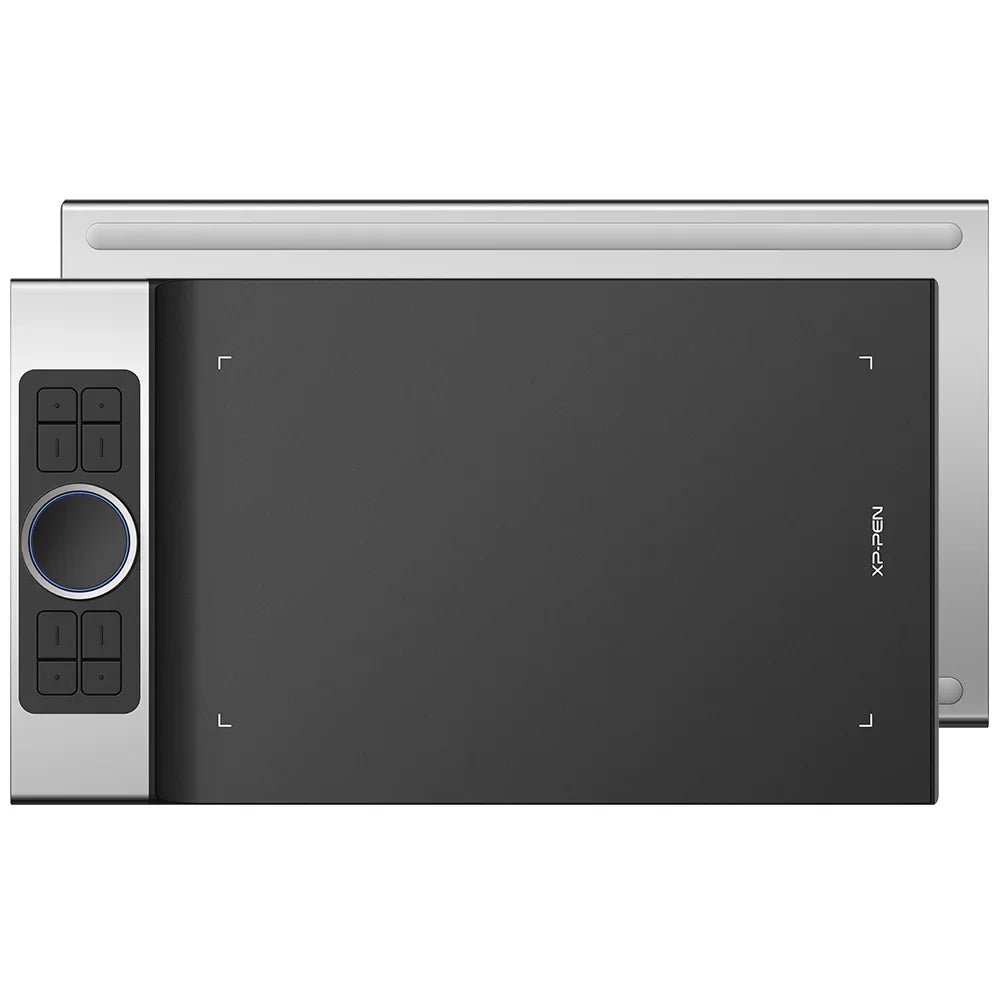 A matte black digital drawing tablet with a silver frame and control buttons.