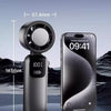 A handheld high-speed cooling fan is shown next to a smartphone, demonstrating its size and portability.