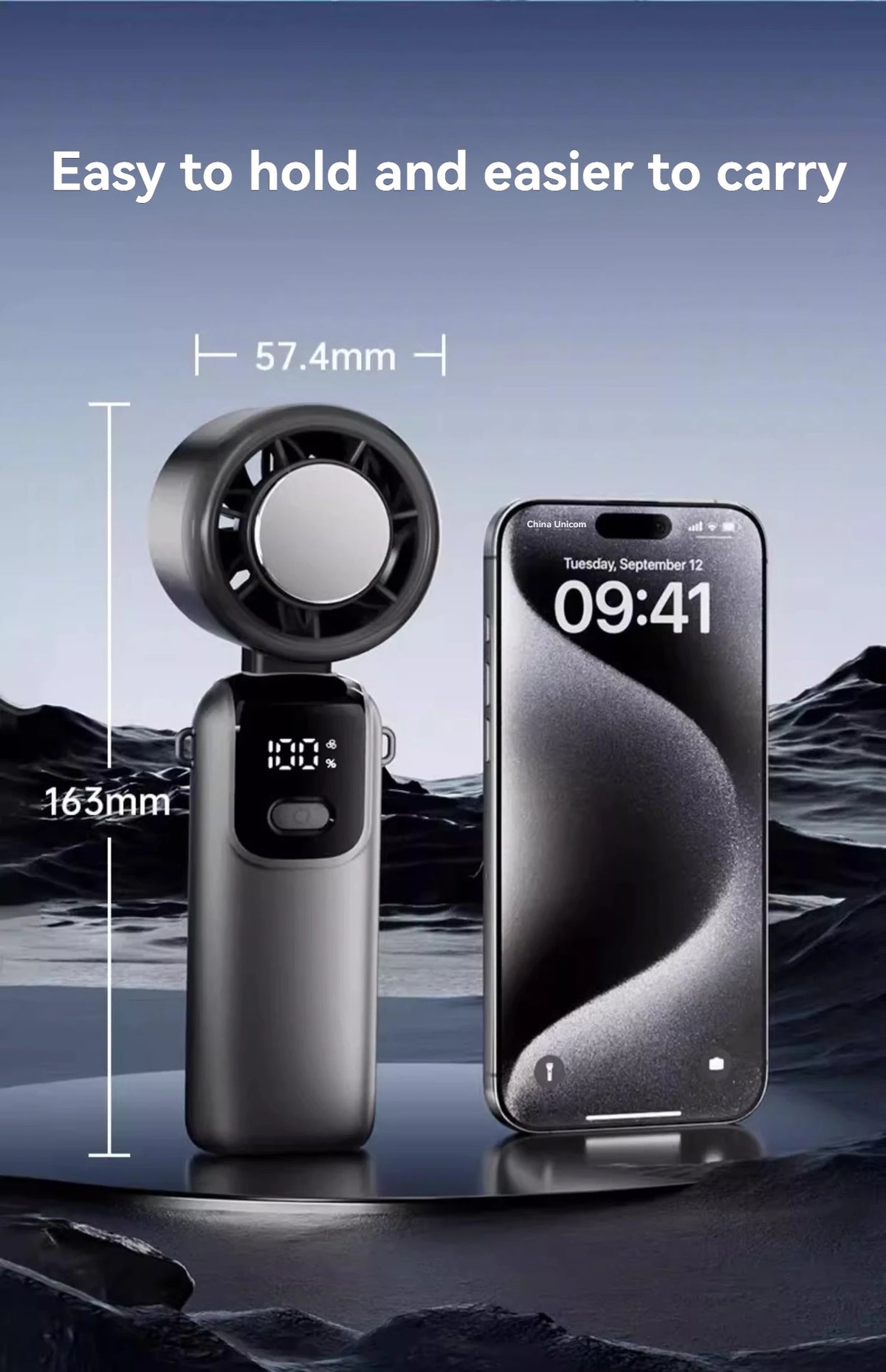 A handheld high-speed cooling fan is shown next to a smartphone, demonstrating its size and portability.