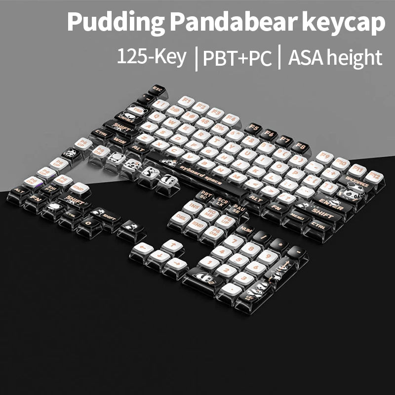 A close-up view of a black 125-key PBT+PC mechanical keyboard keycap set with ASA height.