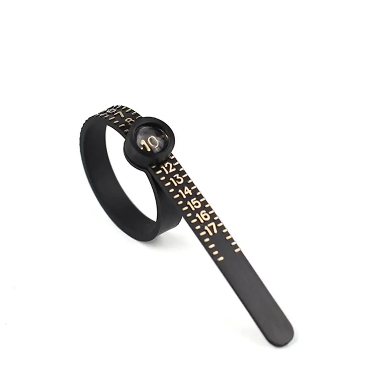 A black ring sizer and measuring tool with a magnifier showing numbered rings.