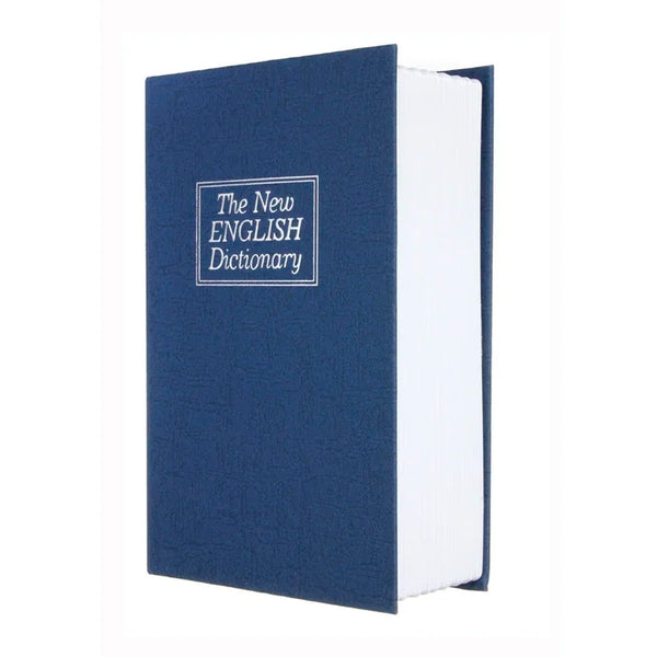 Un libro azul oscuro titulado El Nuevo Diccionario Inglés con interior blanco y una etiqueta cuadrada en la cubierta.