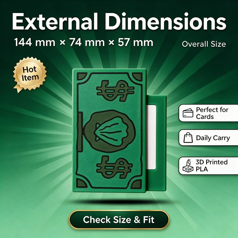 A green 3D printed card holder with NFC tap-to-pay protection shown next to its dimensions.
