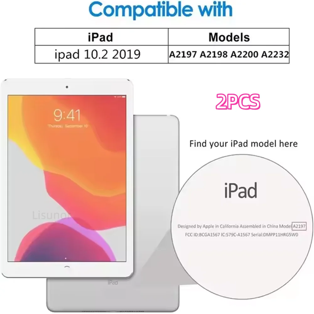 A 2-pack of tempered glass screen protectors for iPad models including A2197, A2198, and A2200.