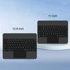A black Magic Keyboard cover shown next to an 11 inch and 12.9 inch iPad, demonstrating its compatibility.