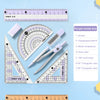 Un juego de siete reglas y herramientas matemáticas de metal de precisión, incluyendo una regla, transportador y triángulos.