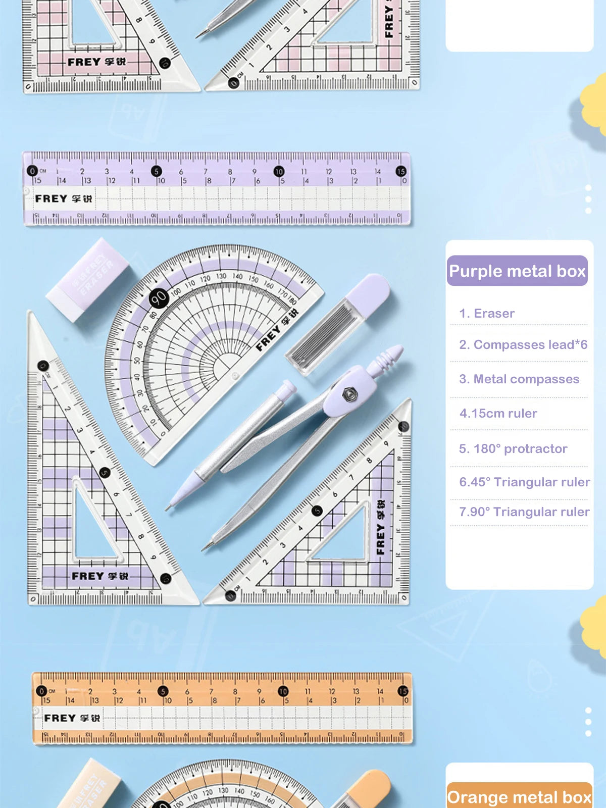 Un juego de siete reglas y herramientas matemáticas de metal de precisión, incluyendo una regla, transportador y triángulos.